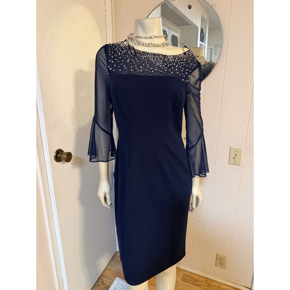 Alex Evenings Navy Blue Rhinestone Illusion Neck Bell Sleeve Dress 10P